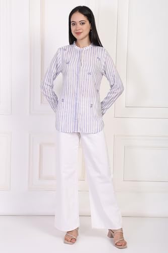 W for Woman White Striped Printed Thread Embroidered Straight Top - (WST31377-116511-XS)