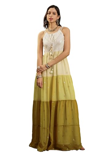 LYMI LABEL Gown for Women - Georgette Sequins Floral Embroidered Frilled Flared A-Line Ethnic Kurta Dress