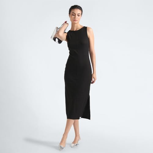 Calvin Klein Cotton Black Solid Round Neck Sleeveless Women Seaming Rib Dress (M)