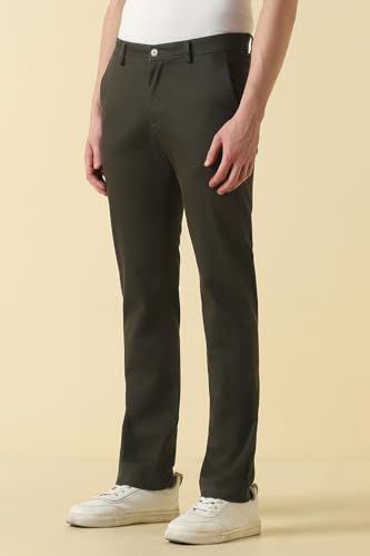 Men Dark Olive Solid Casual Trousers