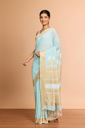 Taneira Women Light Blue Assam Woven Modal Eri Saree with Unstitched Blouse Piece (SAIH01AB9978-Light Blue)