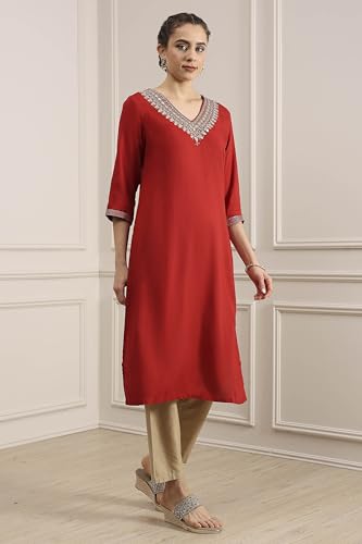 Biba Women Red Viscose Rayon Straight Solid Kurta_40