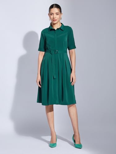 Latin Quarters Women Green Collared Half Sleeves Solid A-Line Shirt Dress for Casual Wear
