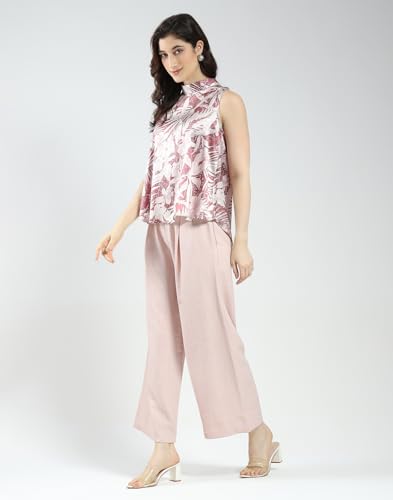 Monte Carlo Women Printed Co-ord Set | Regular Fit | Sleeveless Top | Band Neck | Elastic Waist | Wide Leg Pant | Casual Loungewear Set for Women's Pink L (Pack of 1)