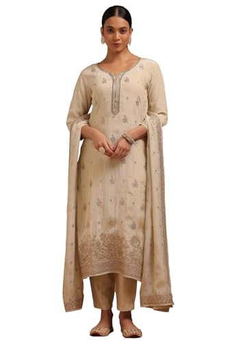 Soch Womens Off White Tissue Embroidered Suit Set With With Beads and Stones