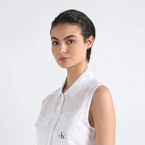 Calvin Klein Linen White Solid Shirt Collar Sleeveless Women Shirt Dress (XL)