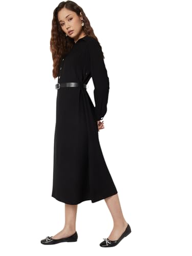 Max Women Solid A-line Shirt Dress with Belt (Black_XS)
