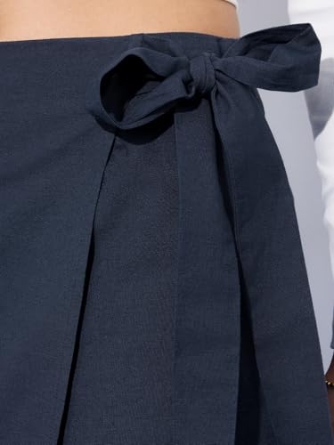 The Souled Store Cotton Linen Skorts: Navy Women and Girls Wrap Around Solid Blue Mini Cotton Linen Skorts