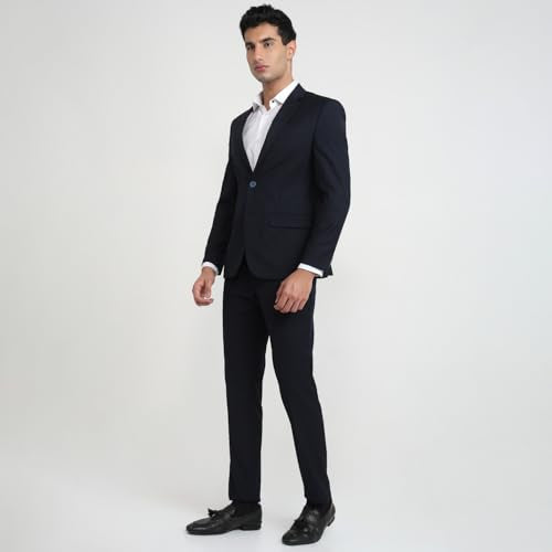 Park Avenue Men Regular Fit Solid Pattern Terelyne Rayon Wool Blend Narrow Lapel Full Sleeve Formal Suit Dark Blue