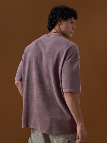 The Souled Store Nomad: Dusty Pink Men and Boys Short Sleeves Round Neck Embroidered Casual Drop Shoulder Streetwear Trendy Cotton Super Oversized T-Shirt