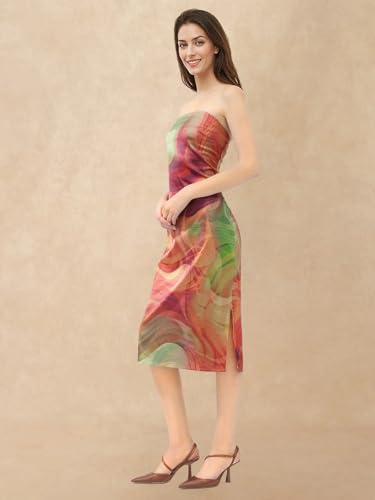 Rareism Women's Polyester Shoulder Strap Abstract Print Sleeveless Midi Bodycon Dress