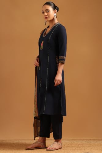 Soch Womens Navy Blue Cotton Floral Embroidered Salwar Suit