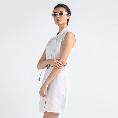 Calvin Klein Linen White Solid Shirt Collar Sleeveless Women Shirt Dress (XL)