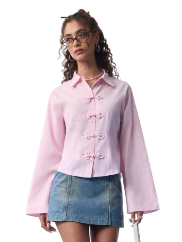 The Souled Store Tailored Solids: Blush Heritage Women and Girls Full Length Sleeves Collared Pink Solid Cotton Oversized Casual Wear Shirt