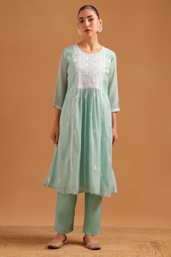 Soch Womens Turquoise Blue Mul Chanderi Embroidered Ethnic Motifs Chikankari Embroidery Salwar Suit