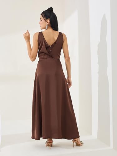 Latin Quarters Women's Brown Solid Sleeveless Cowl Neck Party A-Line Dress_XL