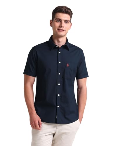 U.S. POLO ASSN. Mens Half Sleeve Oxford Stretch Shirts (USSHTC0046H_Navy_L)