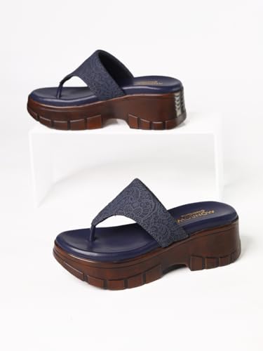 MONROW Fancy and Stylish Wedges Extra Cushioning and Comfortable Fashionable Light Weight Allday Wear Vegan Wedge Heels for Women and Girls Navy Blue 5UK