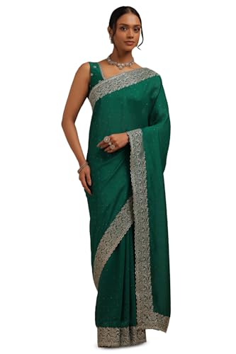 Soch Womens Teal Green Tussar Embellished Saree With Stone Work