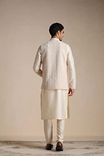 Manyavar Men's Jacket Kurta Set, Kurta Jacket Set for Men, Full Sleeves Mandarin Collar Ethnic Wear Jacket Set for Festival, Wedding, Party Blended Viscose (Off White, S)