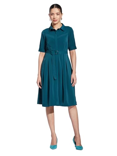 Latin Quarters Women Green Collared Half Sleeves Solid A-Line Shirt Dress for Casual Wear