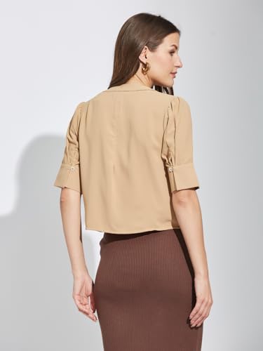 Latin Quarters Women Beige Round Neck Half Sleeves Solid Top Blouse for Casual Wear_M