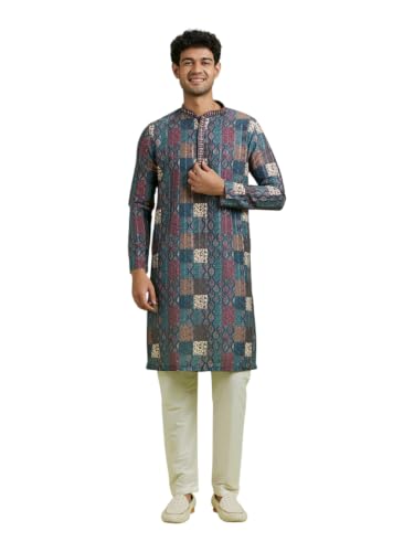 DIWAS BY MANYAVAR Men's Art Silk Printed Festive Kurta Set (2pc) (Green, XL)