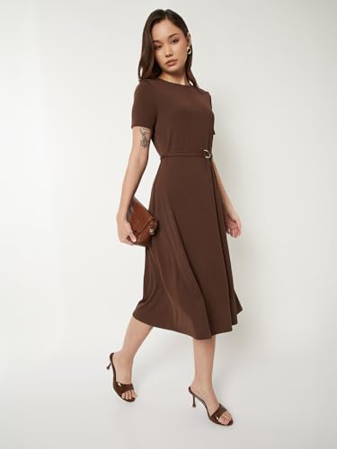Max Women Textured A-line Belted Dress (Brown_M)