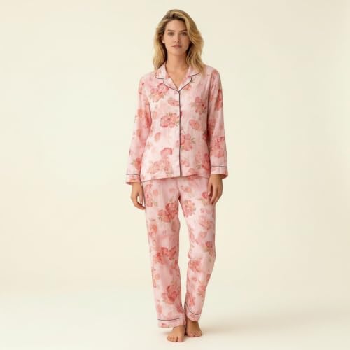 KRESTLY Women's Cotton Floral Printed Night Suit Full Sleeve Pajama Set (Blush Pink Floral Prints, S-M (Inside Garment Label XL))