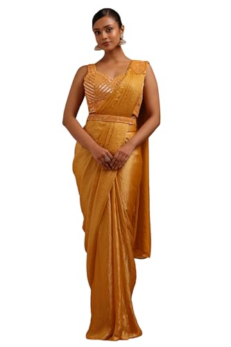 Soch Womens Mustard Organza Solid Ready to Wear Saree
