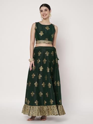 studio rasa Women's Dupion Block Printed Back-tie Readymade Blouse for Festive Wedding Party (TPWC725BL75S_Green-2_Small)