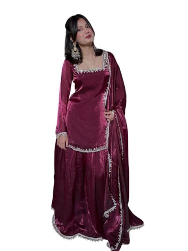 Women's Wine Kurti With Sharara And Dupatta, Silver Lace Border