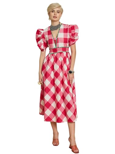 Pink Paprika by Sassafras Women's Pink Big Check A-Line Midi Dress-M