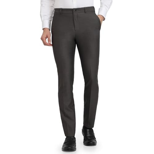 Raymond Men Slim Fit Structure Pattern Polyester Blend Flat Front Formal Trouser Dark Brown