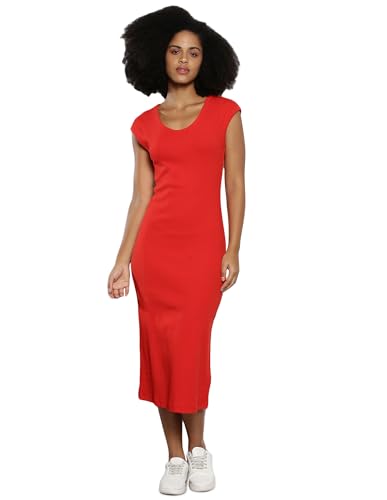 Tommy Hilfiger Cotton Red Solid Round Neck Cap Sleeves Women Slim Rib Dress (S)