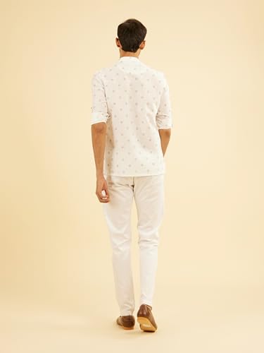 Manyavar Men's Cotton Blend Printed High Neck Short Kurta (White,XXXL)