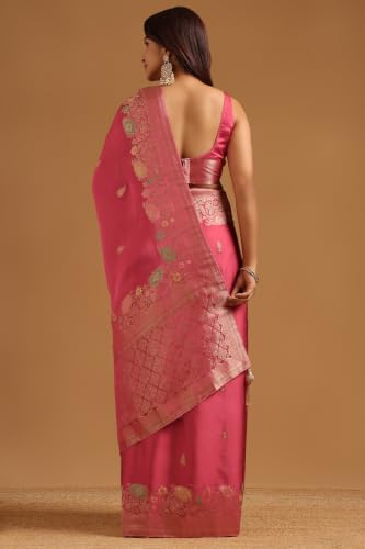 Soch Womens Onion Pink Satin Botanical Zari Woven Saree