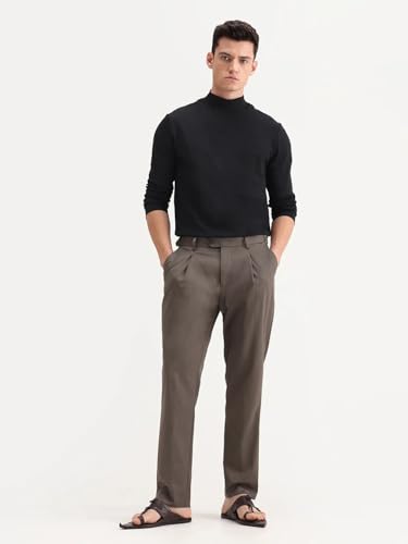 RARE RABBIT Men's Naji Dark Brown Cotton Blend Plain Relaxed Fit Trouser