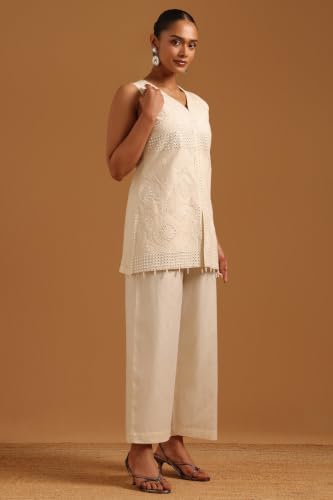 Soch Womens Cream Cotton Embroidered Mirror-Work Kurta Set
