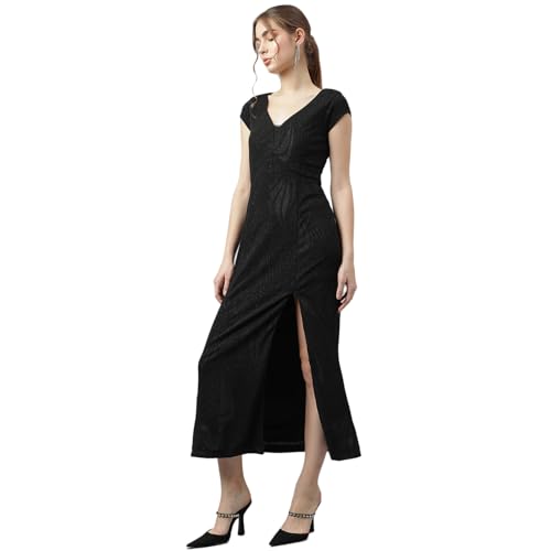 Latin Quarters Women Black V-Neck Short Sleeves Solid A-Line Dress S