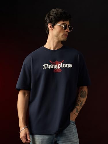The Souled Store Champions Men and Boys Short Sleeves Round Neck Navy Blue Graphic Printed Cricket Graphic Casual Lightweight Drop Shoulder Streetwear Trendy Oversized T-Shirt