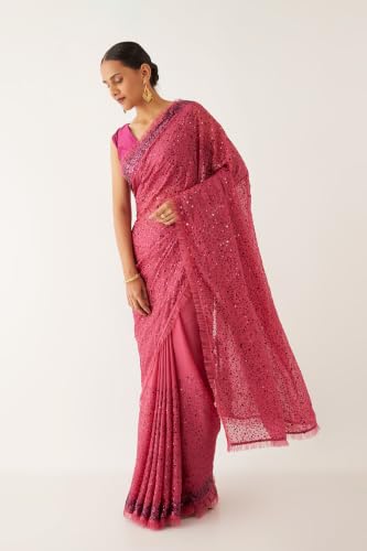 Taneira Pink Viscose Organza Embroidered SareeWith Unstitched Blouse(SPG07I00101-Pink)