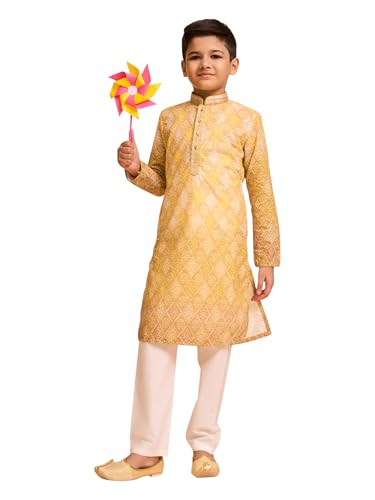 Manyavar Boys Cotton Blend Bandhani Printed & Thread Embroidery Kurta Pyjama Set (Mustard,4-5Y)