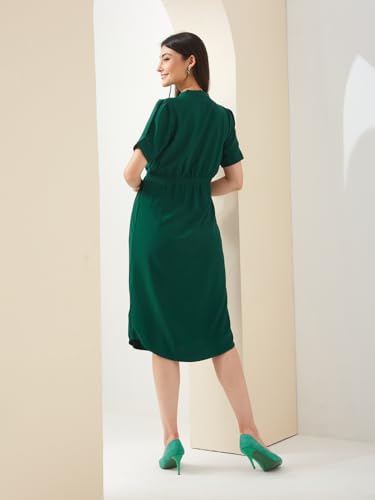 Latin Quarters Women Green Mandarin Half Sleeves A-Line Solid Casual Dress_XXL