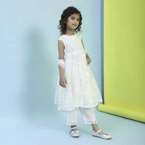 Biba Girl's Nylon Kurta, Bottom, Dupatta (KWMOGRA6301SS25OWHT_Off White
