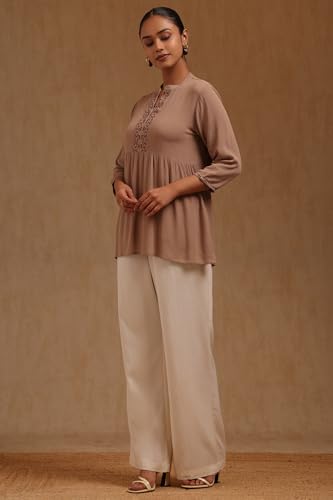 Soch Womens Beige Rayon Crepe Embroidered Tunic Thread Work