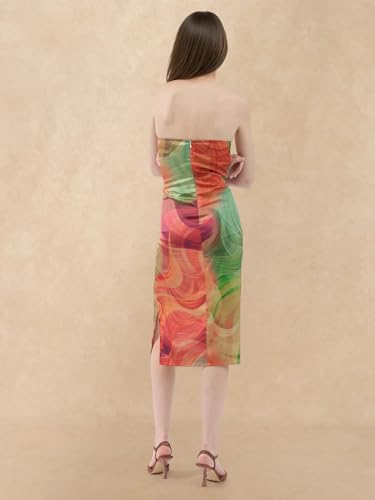 Rareism Women's Polyester Shoulder Strap Abstract Print Sleeveless Midi Bodycon Dress