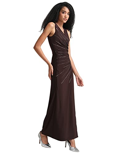 Kazo Embellished Polyester Blend V Neck Women's Maxi Dress (Brown,Extra Small)