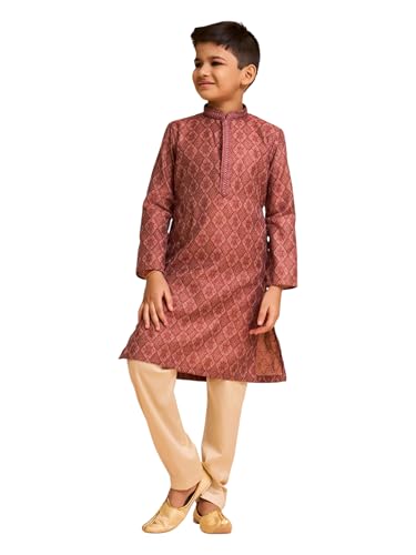 Manyavar Boys Cotton Blend Floral Jaal Pattern Self Design Kurta Pyjama Set (Maroon,2-3Y)
