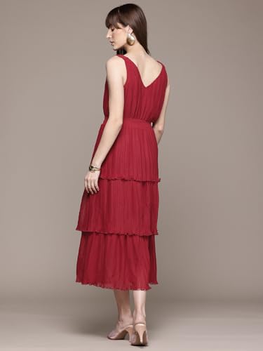 Label RITU KUMAR Red Fashion Flair V Neck Long Dress